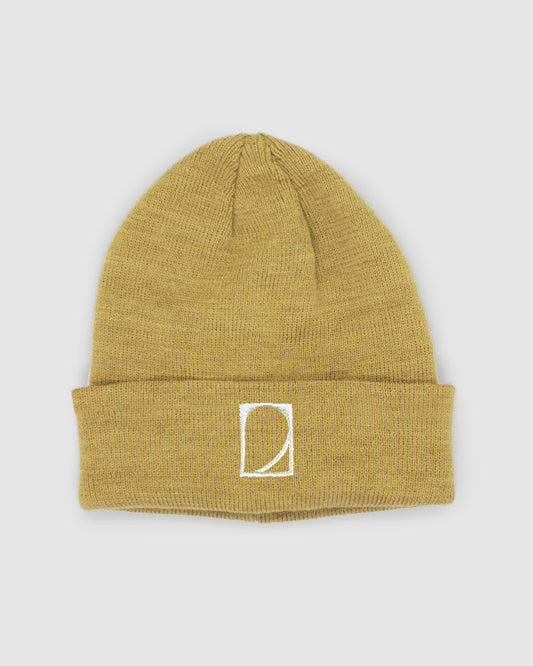 Yellow brown beanie made with recycled plastic polyester, durable and warm 